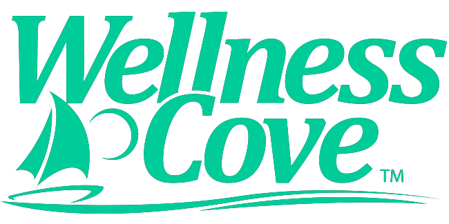 A green background with the words wellness cove written in it.