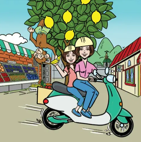 A couple of people on a scooter with trees in the background
