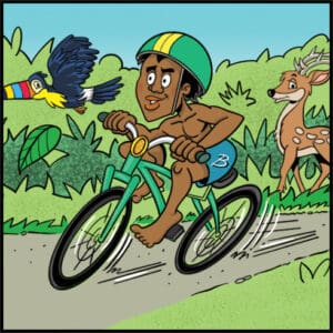 A cartoon of a man riding a bike on the road