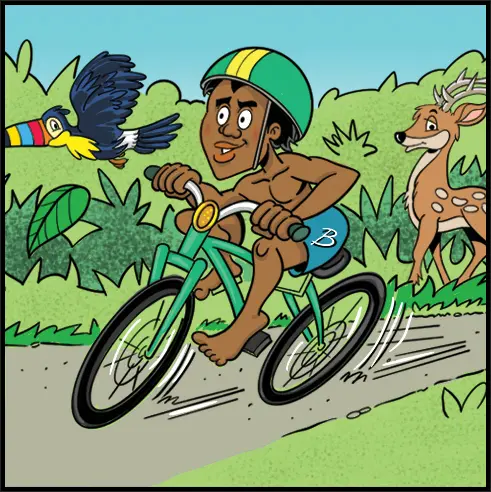 A cartoon of a man riding a bike on the road