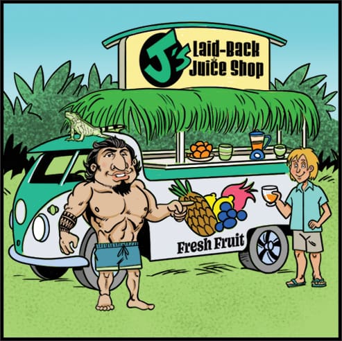 A cartoon of two men standing in front of a juice truck.