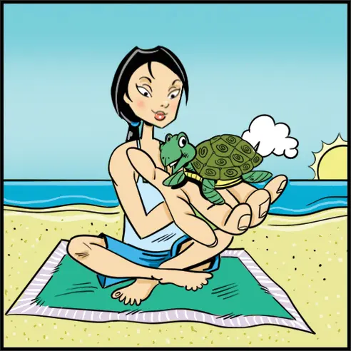A woman sitting on the beach holding a turtle.