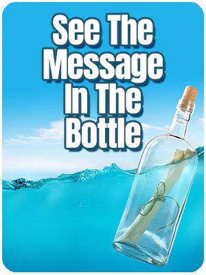A message in the bottle is floating on top of water.