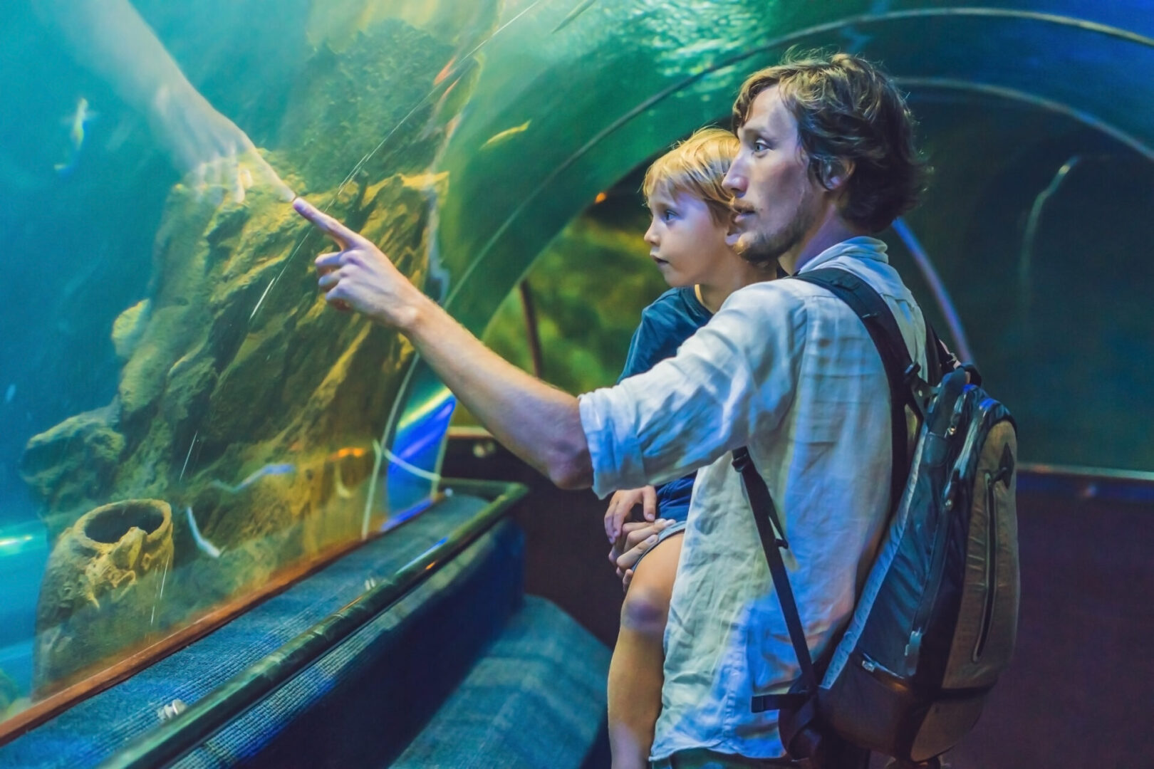 Father and son viewing aquarium fish.